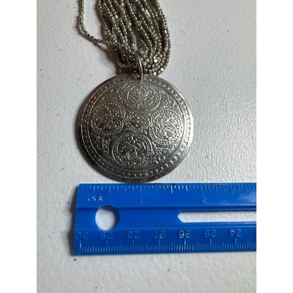 Tribal Multi Strand Silver Beaded Medallion Necklace 18 inch length Silver Tone - Picture 5 of 6